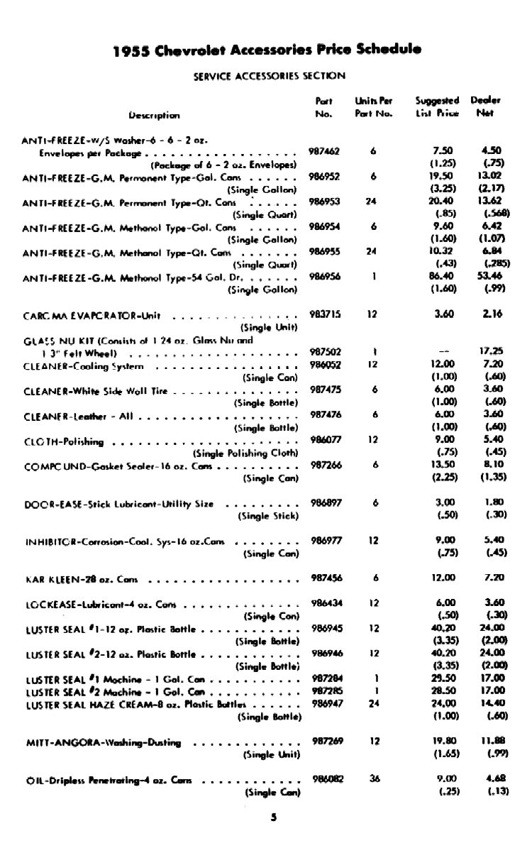 1956 Chevrolet Accessories Price List Page 6